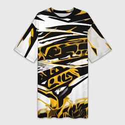 Футболка женская длинная Жёлто-чёрная агрессивная абстракция на белом фоне, цвет: 3D-принт
