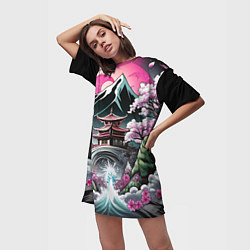 Футболка женская длинная Пейзаж Японии природа, цвет: 3D-принт — фото 2