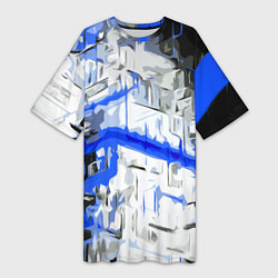 Футболка женская длинная Сине-белая абстракция на чёрном фоне, цвет: 3D-принт