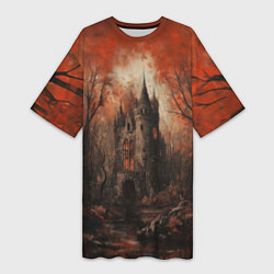 Женская длинная футболка Замок в осеннем лесу