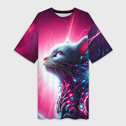 Женская длинная футболка Космический кибер котёнок - неоновое свечение