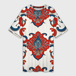 Женская длинная футболка Узор красно-синий на белом фоне