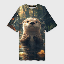 Женская длинная футболка Выдра в летнем пруду