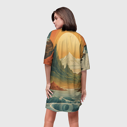 Женская длинная футболка В теплых горах на закате / 3D-принт – фото 4