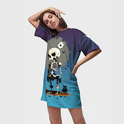 Футболка женская длинная Прикольный скелетик со зверушкой, цвет: 3D-принт — фото 2
