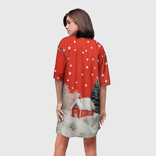 Женская длинная футболка Новогодний домик и красное небо / 3D-принт – фото 4