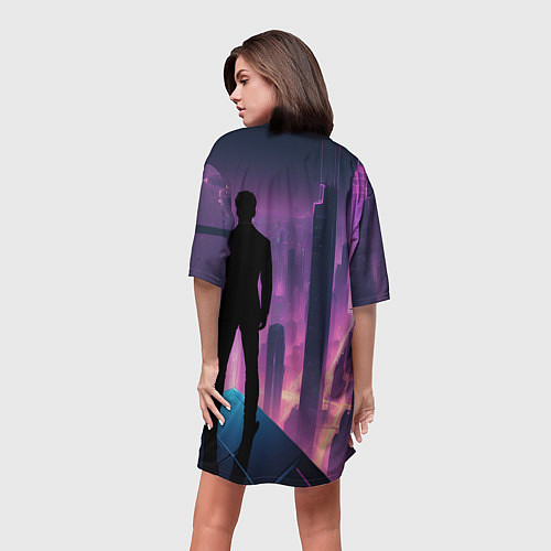 Женская длинная футболка Человек смотрящий на ночной мегаполис / 3D-принт – фото 4