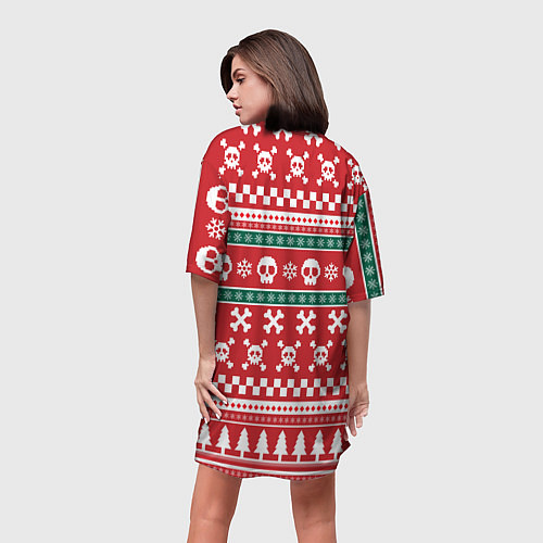 Женская длинная футболка Новогодний паттерн с черепами в новый год / 3D-принт – фото 4