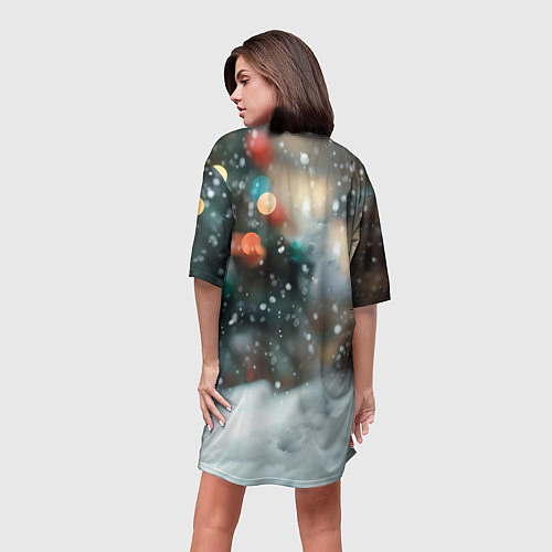 Женская длинная футболка Новогодний котенок и снег / 3D-принт – фото 4