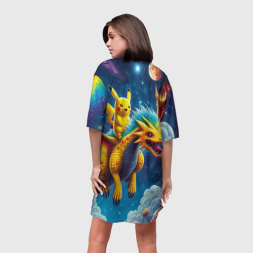 Женская длинная футболка Pikachu on a fabulous dragon - neon glow / 3D-принт – фото 4