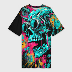 Женская длинная футболка Cyber skull sketch - color blots