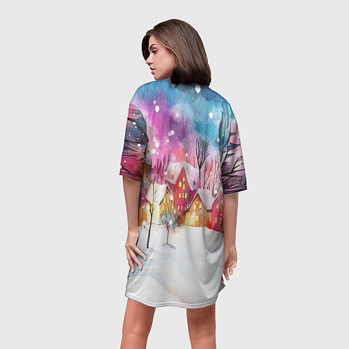 Женская длинная футболка Новогодний ночной дворик / 3D-принт – фото 4
