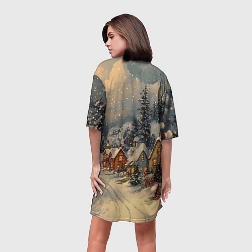 Женская длинная футболка Новогодние зимние домики / 3D-принт – фото 4