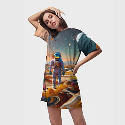 Футболка женская длинная Космонавт на красочной планете, цвет: 3D-принт — фото 2