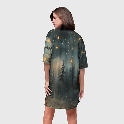 Женская длинная футболка Лисичка в звездном лесу / 3D-принт – фото 4