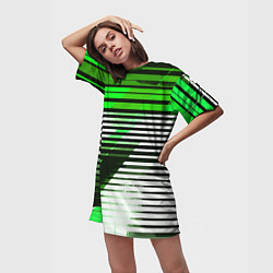 Футболка женская длинная Зелёно-чёрные полосы на белом фоне, цвет: 3D-принт — фото 2