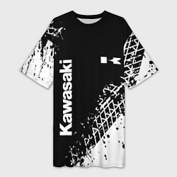 Футболка женская длинная Kawasaki - следы от шин, цвет: 3D-принт
