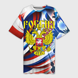 Футболка женская длинная Герб России на фоне цветов флага, цвет: 3D-принт