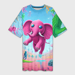 Женская длинная футболка Парящий в воздухе розовый слон - сюрреализм