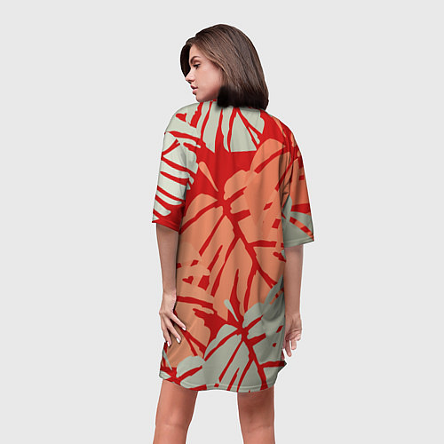 Женская длинная футболка Отпечатки монстеры на красном / 3D-принт – фото 4