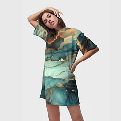 Футболка женская длинная Бирюзовый узор с оранжевыми вставками, цвет: 3D-принт — фото 2