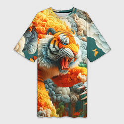 Женская длинная футболка Сказочный облачный тигр - нейроарт фантазия