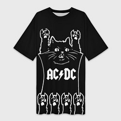 Футболка женская длинная AC DC: cat rock, цвет: 3D-принт