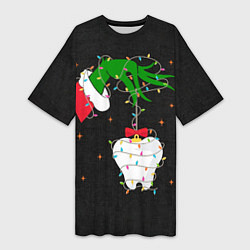 Футболка женская длинная Гринч похищает у зубной феи, цвет: 3D-принт