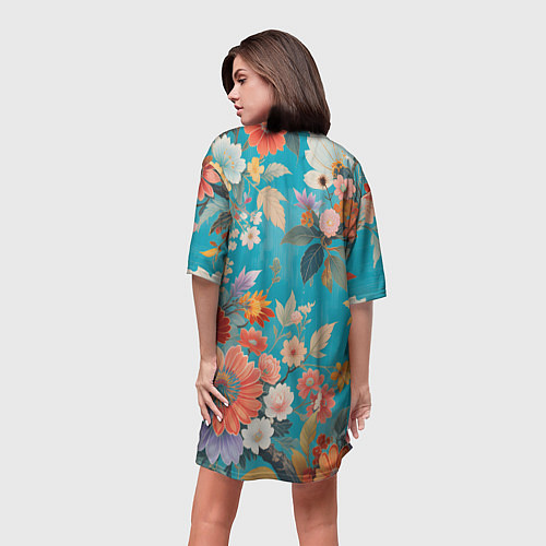 Женская длинная футболка Цветочки на голубом фоне / 3D-принт – фото 4