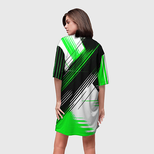 Женская длинная футболка Диагональные зелёно-чёрные линии на белом фоне / 3D-принт – фото 4