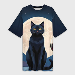 Женская длинная футболка Кот с вином под луной