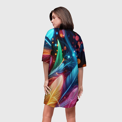 Женская длинная футболка Яркие красочные неоновые перья / 3D-принт – фото 4
