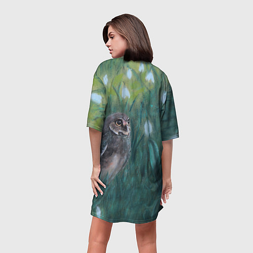 Женская длинная футболка Сова среди подснежников / 3D-принт – фото 4