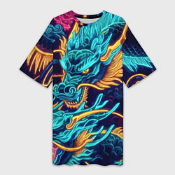 Женская длинная футболка Два неоновых дракона - ирезуми