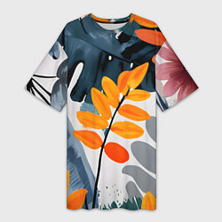 Футболка женская длинная Контрастные листья, цвет: 3D-принт