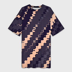 Футболка женская длинная Фиолетовый с бежевым искажённые полосы, цвет: 3D-принт