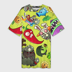 Футболка женская длинная Растения против зомби с героями, цвет: 3D-принт