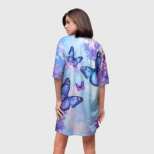 Женская длинная футболка Бабочки и сирень - нежная голубая живопись / 3D-принт – фото 4