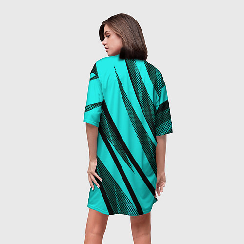 Женская длинная футболка Неоновый голубой с чёрным абстракция с полосами / 3D-принт – фото 4
