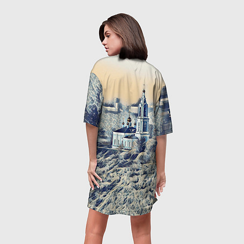 Женская длинная футболка Храм на фоне современного города / 3D-принт – фото 4