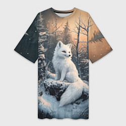 Женская длинная футболка Белый лисенок в зимнем лесу