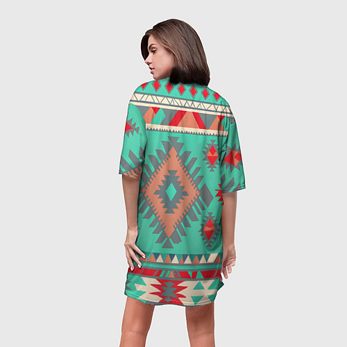 Женская длинная футболка Оранжево бирюзовый геометрический узор в стиле ацт / 3D-принт – фото 4