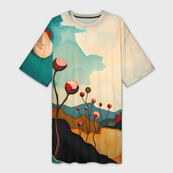 Футболка женская длинная Сюрреалистичный пейзаж с цветами, цвет: 3D-принт