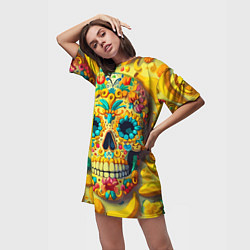 Футболка женская длинная Красочный летний паттерн с черепом - нейроарт, цвет: 3D-принт — фото 2