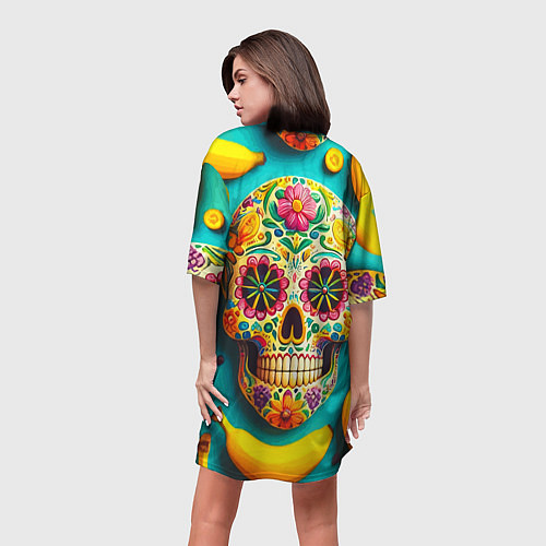 Женская длинная футболка Череп и бананы - летняя композиция / 3D-принт – фото 4
