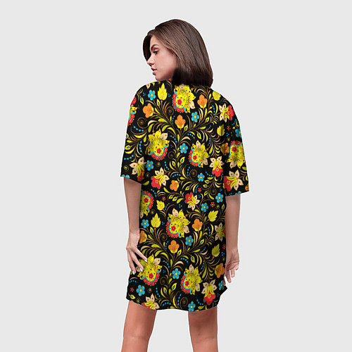 Женская длинная футболка Хохлома цветы / 3D-принт – фото 4