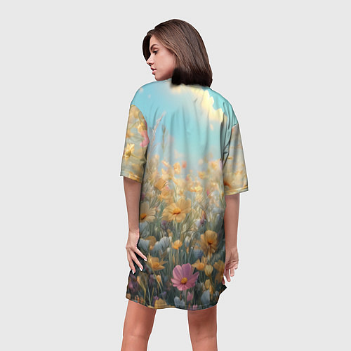 Женская длинная футболка Лиса в цветочном поле / 3D-принт – фото 4