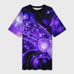Футболка женская длинная Силуэты цветов на темном фоне - фиолетовое свечени, цвет: 3D-принт