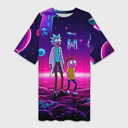 Футболка женская длинная Морти и Рик на планете неоновых сказочных грибов, цвет: 3D-принт
