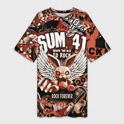Футболка женская длинная Sum 41 на фоне кролика и гитар, цвет: 3D-принт